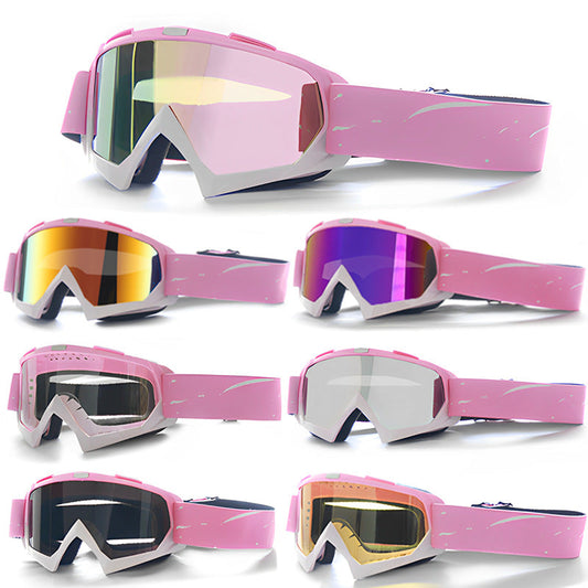 NNEDSZ Progressive Pink + Imitation Red Lenses Outdoor Protective Motorcycle Goggles - Windproof, Dustproof, Skiing, and Cycling Eyewear - Lightweight Anti-Fog Design for Men and Women